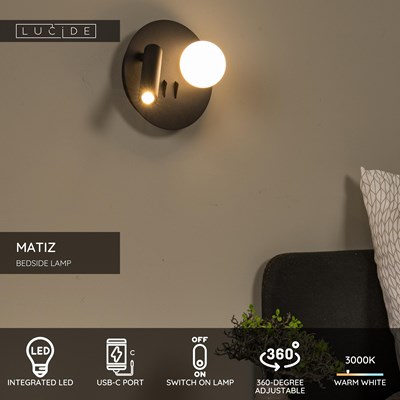 Lucide MATIZ - Bedside lamp / Wall light - Ø 16,5 cm - LED - 3000K - With USB charging point - Black